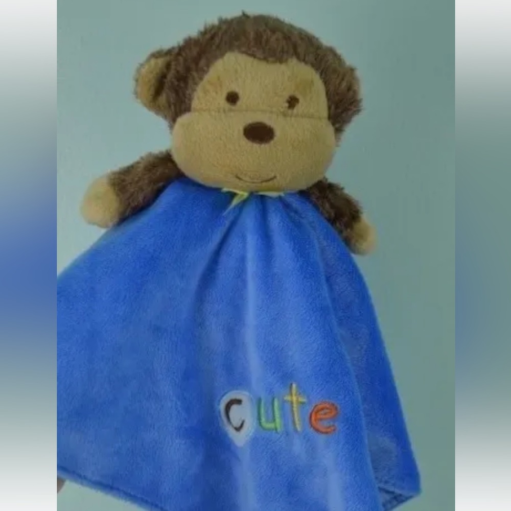 Small Wonders Monkey Lovey Security Blanket Cute Blue Tan Knotted Corners Rattle
